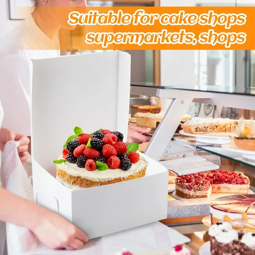 Miniatura 5 de Ireer 50 unidades de cajas de pastel blancas de 10 x 10 x 5 pulgadas, cajas de cartón para panadería para pasteles, galletas y postres