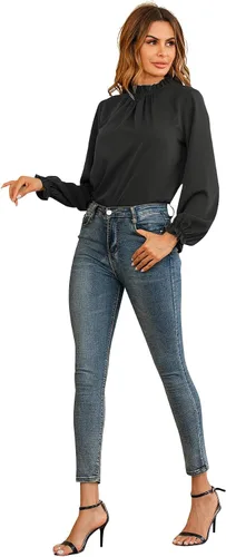Miniatura 4 de LYANER Blusa de manga larga con volantes y cuello alto para mujer