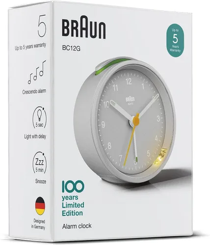 Miniatura 9 de Braun Classic - Reloj despertador analógico con repetición y luz, movimiento silencioso de cuarzo, alarma de pitido creciente en gris, modelo BC12G.