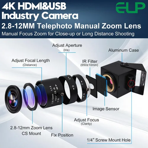 Miniatura 6 de ELP 4K USB HDMI Cámara Manual Zoom Webcam - Enfoque Variable H.264 Mini Cámara de Seguridad USB para Computadora Telescópica - 8mp IMX415 CCTV