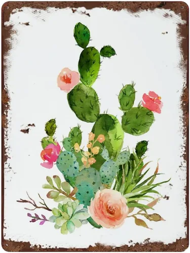 Letrero de hojalata vintage decorativo de cactus para pared, ramo de suculentas, decoración floral del suroeste, 8 x 5.5 pulgadas