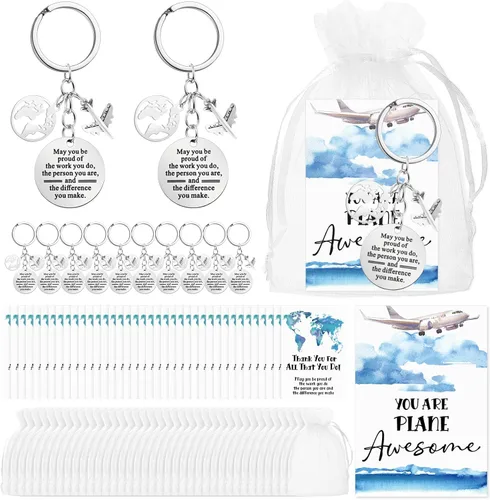 Tondiamo Flight Attendant Gifts Bulk Airplane Keychain with Thank You Cards for Travel Adventure Party Favor Holiday Gift