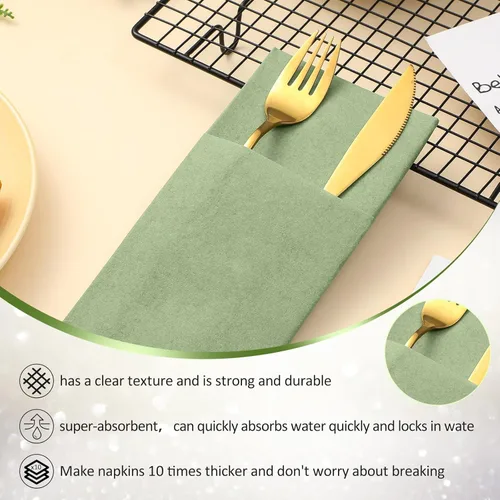 Miniatura 4 de Cindeer 150 piezas de servilletas de cena verde salvia con sensación de lino, bolsillo plano incorporado, servilletas de mano desechables de papel