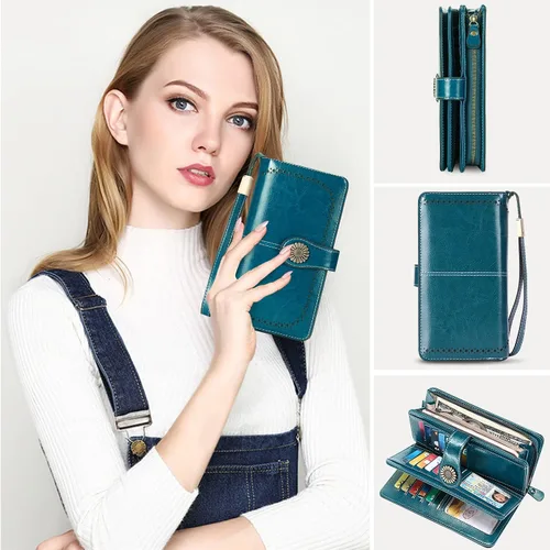 Miniatura 5 de HUANLANG Cartera grande de cuero para mujer con bolsillo para monedas, organizador de cartera RFID para mujer con correa para muñeca, Estilo 2