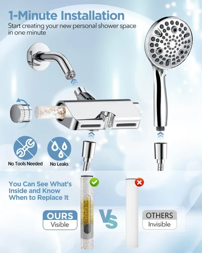 Miniatura 8 de MakeFit - Cabezal con filtro para ducha y cabezal de mano extraíble, sistema dual spa 2 en 1 con cabezal masajeador de alta presión, 10 modos, modo
