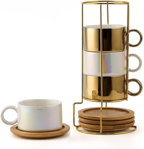 Miniatura 10 de LUKA - Juego de 4 tazas de café espresso apilables de cerámica con tablero de ajedrez en blanco y negro de 6 onzas, con platillos y soporte
