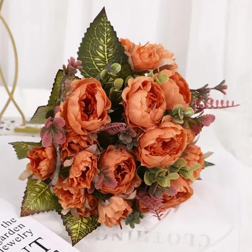 Miniatura 8 de Ramo de boda artificial de peonía de 9 cabezas para el hogar, flores artificiales para decoración del hogar (rosa champán)