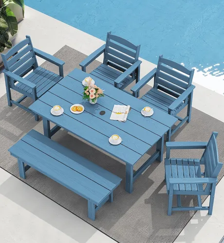 Miniatura 25 de SERWALL Juego de Mesa de Comedor de HDPE para Exteriores, Juego de 7 Piezas de Mesa de Comedor al Aire Libre con Mesa con Corte para Agujero de Gris
