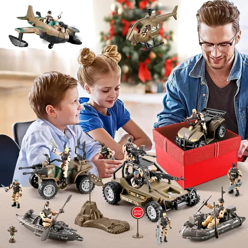 Miniatura 7 de Conjunto de juguetes de hombres del ejército de 78 en 1 con camión militar realista/helicóptero/barco kayak/motocicleta/figuras de acción de hombres