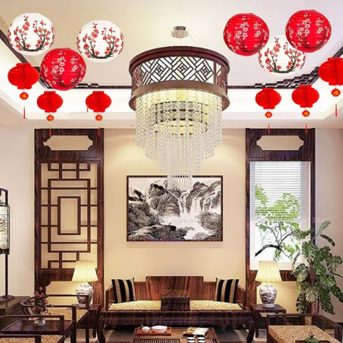 Miniatura 3 de Hibach - Juego de 26 linternas de papel chinas japonesas con flor de cerezo rojo, 12 x 8 pulgadas para temática asiática, cumpleaños, hogar