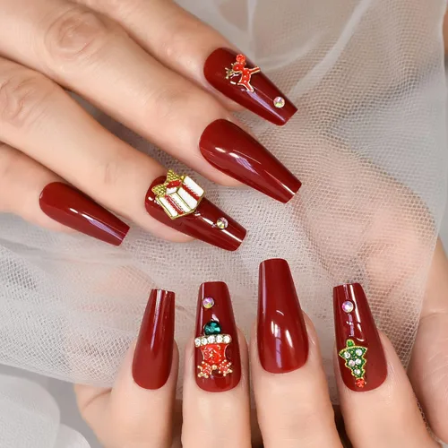 Miniatura 10 de Elevenail - Uñas postizas de longitud media, punta vino rojo, uñas postizas de cobertura total, uñas postizas cortas, uñas falsas, uñas falsas Rojo