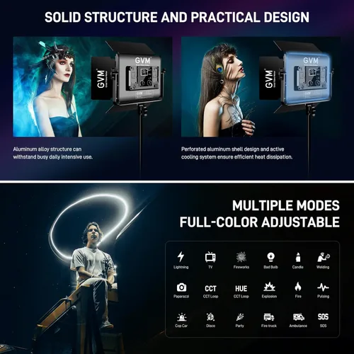 Miniatura 6 de GVM - Luz de video LED RGB con control Bluetooth, kit de iluminación de estudio de fotografía de 60 W con soportes, 2 paquetes de luz LED 880RS