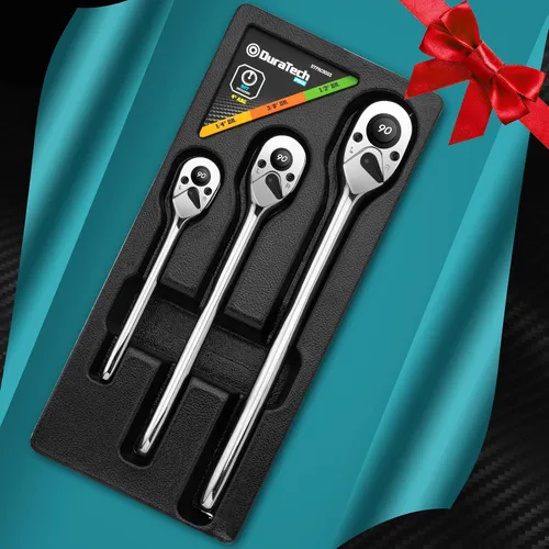 Miniatura 8 de DURATECH Juego de trinquete de 3 piezas, impulso de 1/4", 3/8", 1/2", 90 dientes, liberación rápida, mango de contorno diseñado para un mejor
