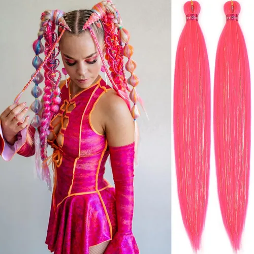 Miniatura 33 de Cabello trenzado verde con lentejuelas de 26 pulgadas, preestirado, trenzas de textura Yaki, extensiones de cabello pre plumadas, 3 paquetes, fácil