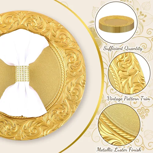 Miniatura 3 de Uiifan 24 Piezas Platos Base Antiguos a Granel 13'' Platos de Plástico en Relieve para Cena Platos Base Redondos Florales para Boda Cargadores Dorado
