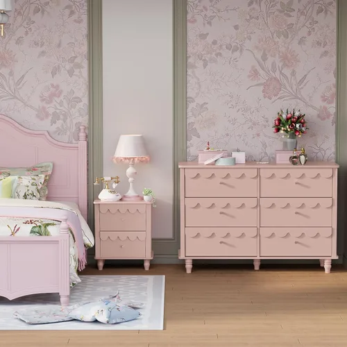 Miniatura 5 de Anbuy Cofres de guardería festoneados rosados y cómoda para dormitorio de niños, cómoda de madera con 6 cajones, cómodas y cómodas con asas de metal