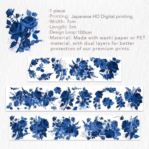 Miniatura 9 de WT Cinta ancha de PET azul cobalto, rollo individual, diseños originales, decoraciones florales, adhesivo transparente claro, diario basura