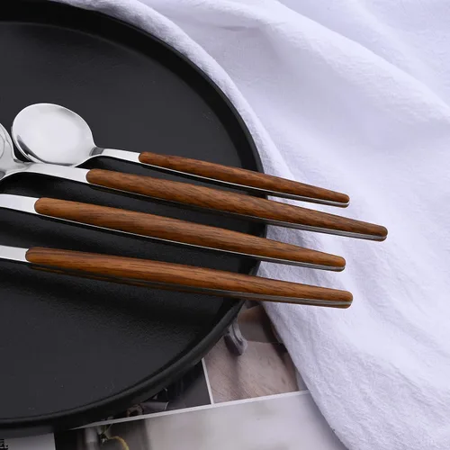 Miniatura 5 de Juego de cubiertos de acero inoxidable con mango de efecto de madera Cubiertos pulidos con espejo plateado, utensilios de cocina para el hogar