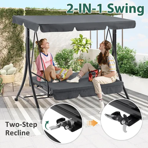 Miniatura 6 de MCombo Columpios de patio de 3 asientos con marco de acero resistente a la intemperie, toldo ajustable, columpio reclinable para porche al aire Gris