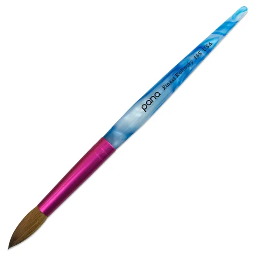 PANA Pure Kolinsky Hair - Pincel para uñas acrílicas de pelo, forma redonda, virola rosa con mango azul con remolino blanco (tamaño 16)