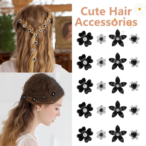 Miniatura 3 de YISSION Mini pinzas para el cabello negras con flores surtidas para mujeres y niñas, 20 pasadores de pelo florales de cristal, accesorios elegantes