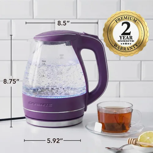 Miniatura 6 de OVENTE Hervidor de vidrio eléctrico portátil de OVENTE 1.5 litros con luz azul LED y base de acero inoxidable, calefacción rápida Hacedor de té