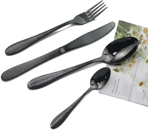 Miniatura 3 de JASHII Juego de cubiertos de 4 piezas de acero inoxidable negro forjado con mango martillado, servicio para 1 pulido de espejo, apto