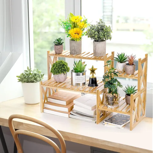 Miniatura 5 de Lawei Soporte de bambú de 2 niveles para plantas de mesa, soporte ajustable para macetas, soporte de exhibición para macetas, estante pequeño