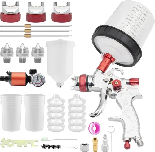 HVLP Pistola de pulverización de alimentación por gravedad, kit de pistola de pintura de aire automotriz con boquillas de 1.4, 1.7, 0.079 in, 10