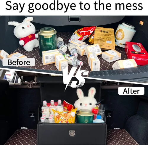 Miniatura 4 de Organizador de maletero Wuatow para coche, organizador de maletero para SUV y sedán, con tapa, multifuncional, caja de almacenamiento de carga Negro
