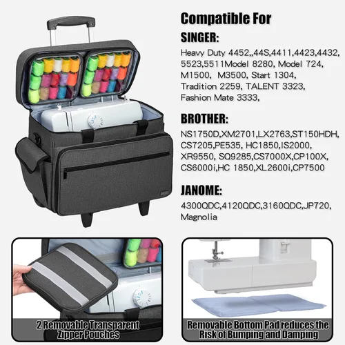 Miniatura 2 de Teamoy Estuche para máquina de coser con ruedas ajustables, bolsa para máquina de coser rodante con ruedas y almohadilla inferior de madera