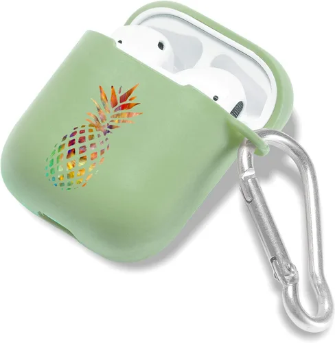 Miniatura 4 de Funda verde para AirPod 1 y 2 con llavero mosquetón + bolsa de almacenamiento, pintura colorida piña funda inalámbrica para auriculares inalámbricos
