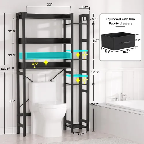 Miniatura 3 de Besiost - Estante de almacenamiento sobre el inodoro con 2 cajones - Organizador de baño de 7 niveles con estante ajustable, estante de ahorro