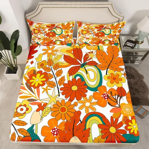 Miniatura 17 de Juego de ropa de cama con diseño floral bohemio, tamaño individual, diseño retro de flores groovy, 60S y 70S, diseño de flores hippie para niños