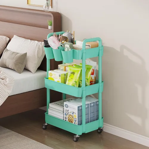 Miniatura 6 de UDEAR Carrito utilitario rodante de 3 niveles, estantes de almacenamiento multifuncionales con asa y ruedas con cerradura para habitación, oficina