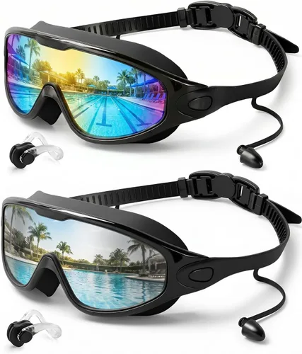 Swim Goggles 2 Pack, Wide View Anti Fog&UV Swimming Goggles for Audlt, No Leaking Swim Glasses for Men Women Kids Aqua & Plata Brillante
