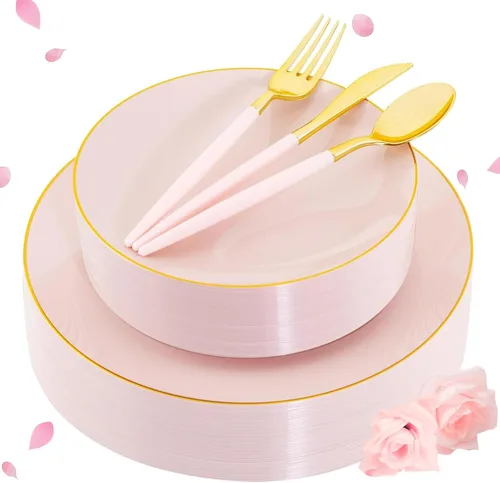 Miniatura 10 de Liacere - 150 platos de plástico plateado transparente y cubiertos desechables de plástico plateado con mango de bambú con purpurina - Platos