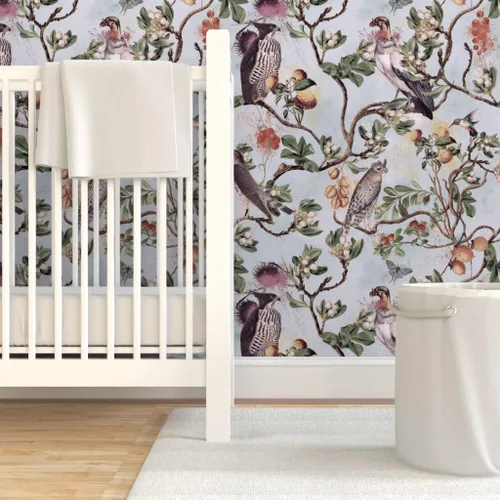 Miniatura 6 de Muestro de papel tapiz removible – Vintage Birds Acuarela Chinoiserie Antiqued of Prey Blue Green Gray Botánico Personalizado Papel pintado