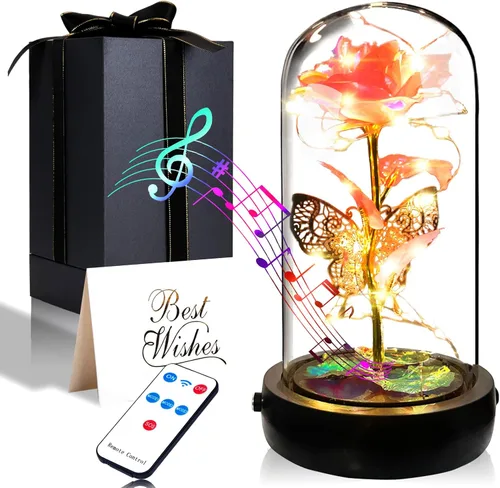 Miniatura 13 de Regalos de rosas de cumpleaños para mujeres y mamá, regalo de rosa de cristal blanco colorido Rainbow Rose in Glass Dome with Music Box, Light Up