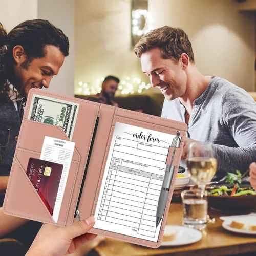 Miniatura 6 de Libreta de meseros con bolsillo con cremallera para camarera, bonita cartera de camarero, organizador de meseros de restaurante, soporte para libro