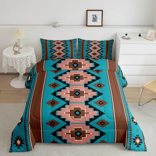 Miniatura 2 de Feelyou Juego de edredón bohemio azteca para niños, tamaño individual, juego de ropa de cama de color marrón verde azulado para niños y niñas