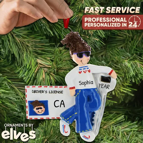 Miniatura 2 de Adorno personalizado para árbol de Navidad de niña con licencia de conducir 2024 - Personalización gratuita Licencia de conducir morena