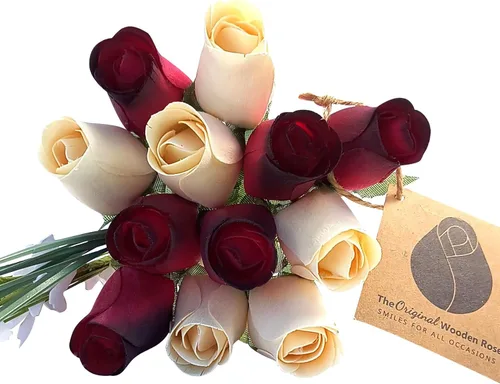 Miniatura 7 de Rojo con puntas negras y ramo de rosas de madera blanca (2 docenas)