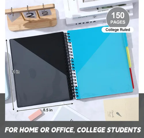 Miniatura 2 de Yeaqee 2 Pack 3 Subject Notebook College Ruled 8.5 x 11, 300 Pages (150 Sheets) 3 Subject Black Spiral Notebook with Tabs, Pocket Dividers Multi