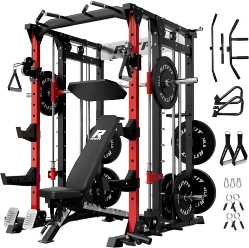 RitFit Máquina Buffalo Smith, jaula eléctrica con sistema LAT-Pull Down y sistema de cruce de cables, estante de sentadillas todo en uno para Rojo