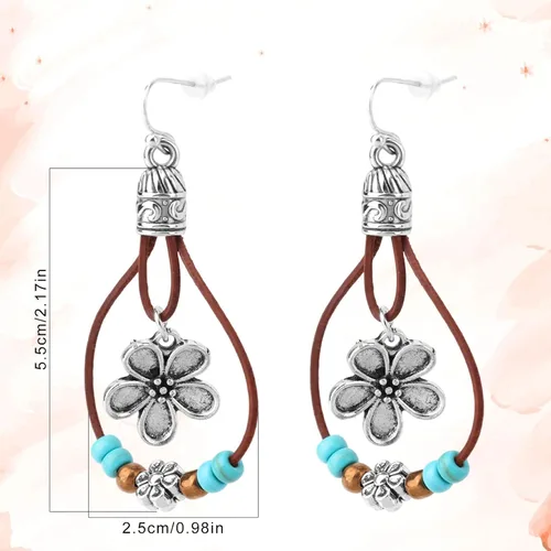 Miniatura 2 de Boho Flower Earrings,Bohemian Western Leather Dangle Drop Earrings with Nature Stones Vintage Handmade Country Concert Outfits Accessories for Women