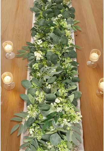 Guirnalda de Eucalipto de 6 Pies, Enredaderas de Vegetación Artificial de Hiedra Tupida Mejorada con Flores Gypsophila y Hojas de Sauce para