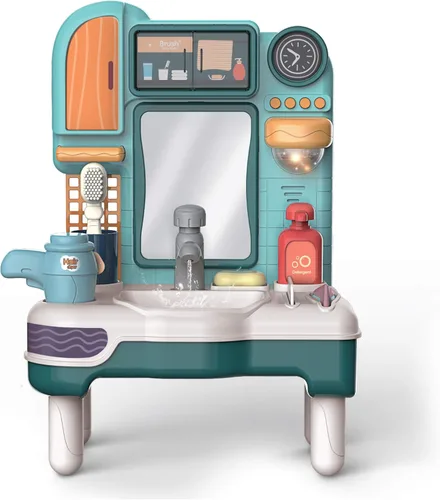 Toy Chef Juego de lavabo para niños, espejo de tocador de baño con fregadero y agua corriente y luz, juego realista con accesorios de tocador de