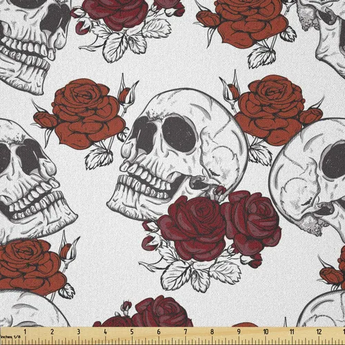Miniatura 55 de Ambesonne The Yard, tela de calavera colorida con temática de Halloween, diseño de calavera y huesos cruzados, divertido estampado de dibujos