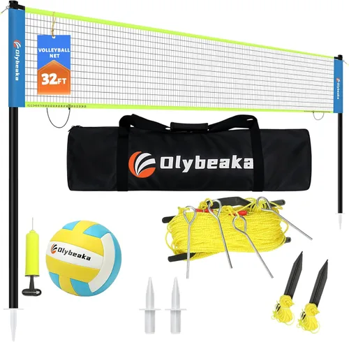 Miniatura 10 de Sistema de red de voleibol portátil de tamaño reglamentario de 32 pies para patio trasero y playa con postes de altura ajustable, voleibol